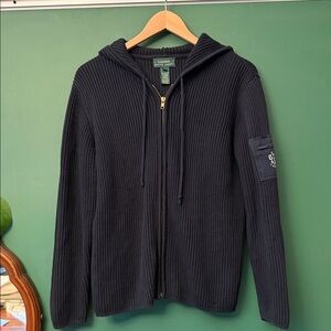 Lauren Ralph Lauren Navy 100% Cotton Zip-Up Hooded Ribbed Sweater w/sleeve logo